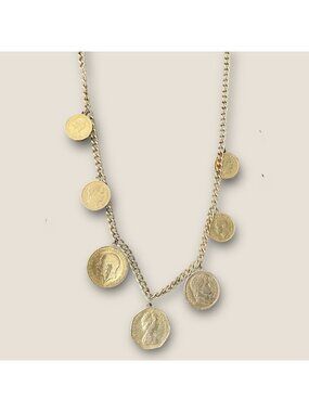 Vintage Gold-Tone Coin Pendant Necklace 24 Inches Long Featuring 7 Coins